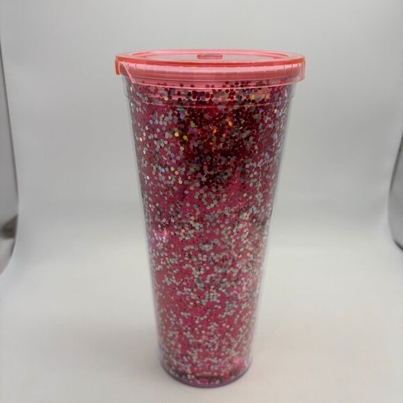 Dunkin Donuts I Love Dunkin Heart Glitter Coffee Cup Missing Straw Pink 24 oz - Picture 7 of 16